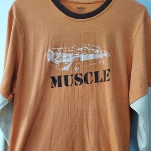 Long sleeve orange shirt with tan sleeves.